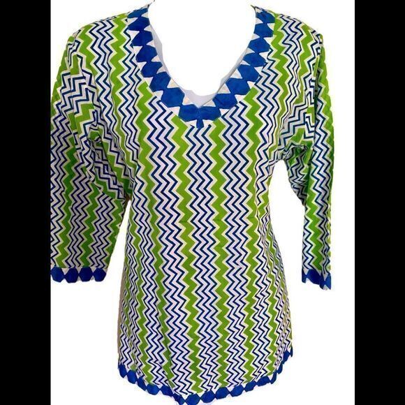 Gretchen Scott Designs Tops - Gretchen Scott Tunic V Neck Shirt - S green /white/blue , cotton quarter sleeve